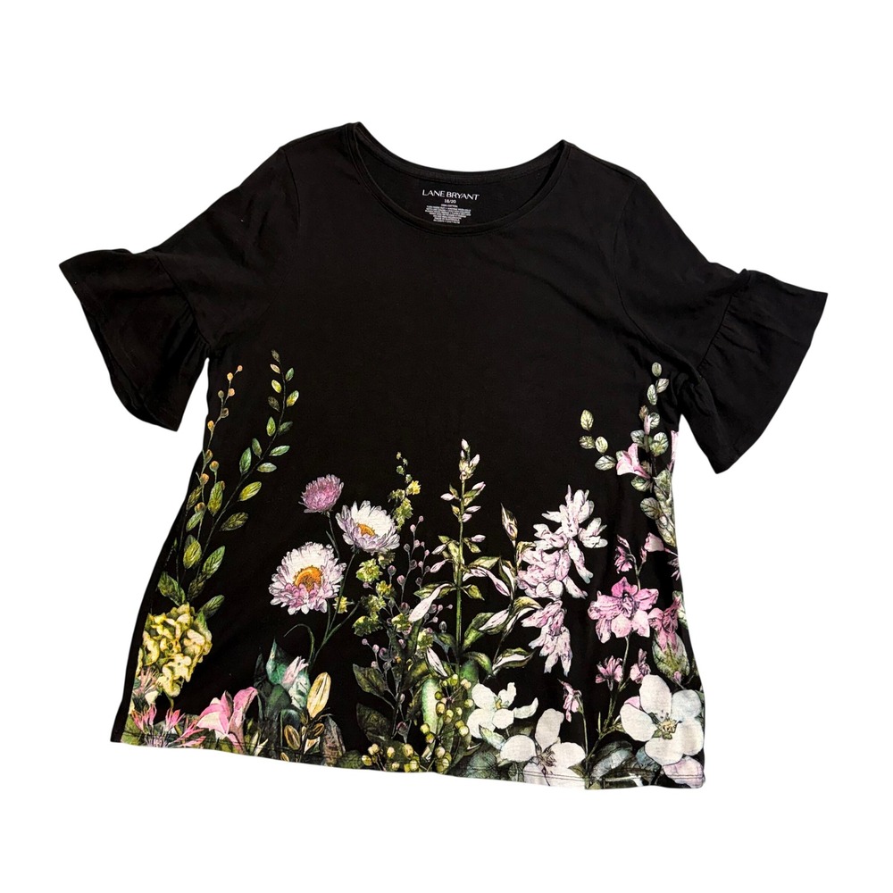 Lane‎ Bryant Black Floral Print Flutter Sleeve T Shirt Plus Size 18/20